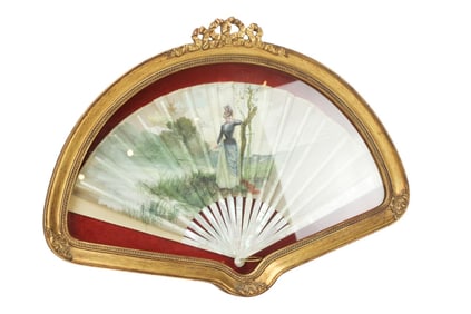 19th C Victorian Hand Painted MOP Fan Shadow Box