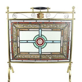 Antique Brass & Stained Glass Fireplace Screen