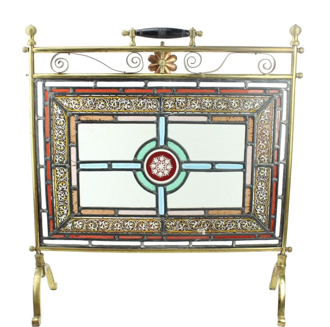Antique Brass & Stained Glass Fireplace Screen (1 of 10)
