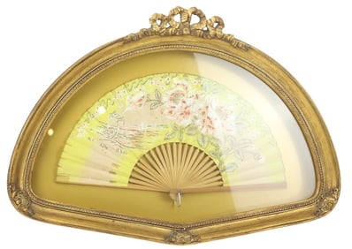 19th C Victorian Hand Painted Fan in Shadow Box