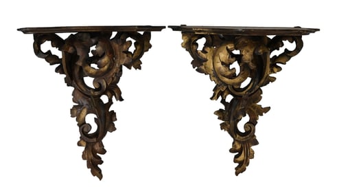 Pair Antique Hand Carved Florentine Wall Brackets