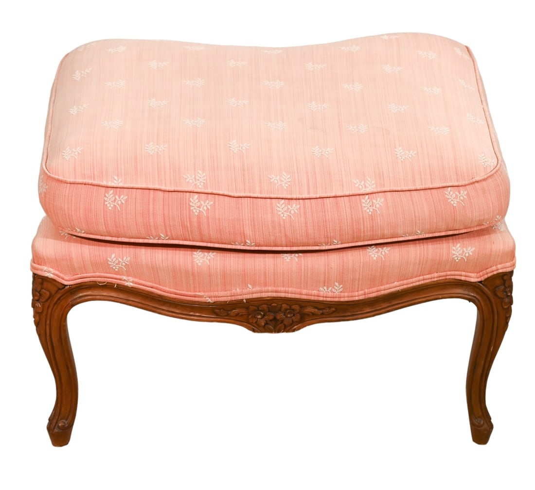 French Louis XV Style Carved Upholstered Ottoman: French Louis XV Style Carved Upholstered Ottoman.Measures 18 inches x 26 inches x 20 inches