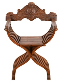 Italian Savonarola Carved Slatted Curule Armchair