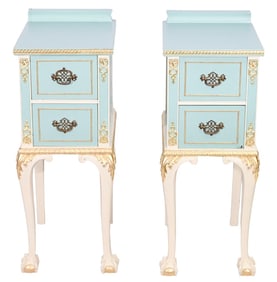 French Country Carved Painted Bedside Cabinets