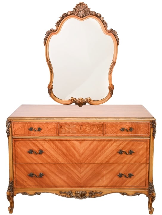 French Provincial Satin Wood Dresser with Mirror: French Provincial Hand Carved Satin Wood Dresser with Mirror.Dresser measures 35 inches x 50 inches x 22 inchesMirror measures 42 inches x 28 inches x 1.5 inches.