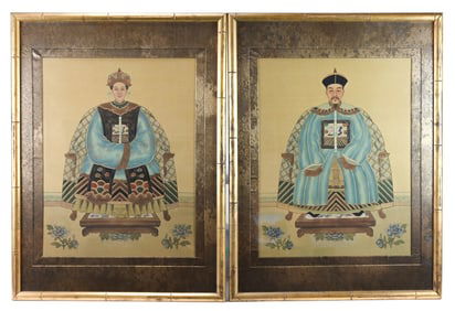 Pair Chinese Water Color Silk  Ancestor Portraits