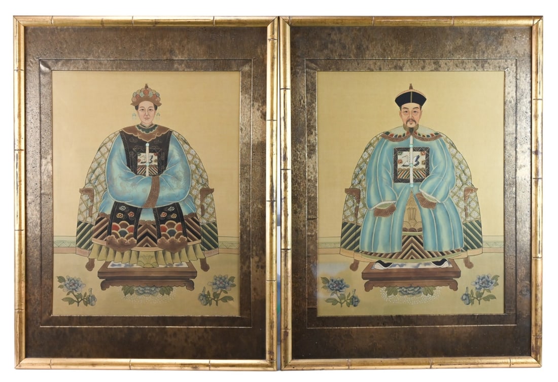 Pair Chinese Water Color Silk  Ancestor Portraits (1 of 11)