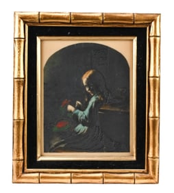 Antique Framed Celluloid Lithopane Painting Girl