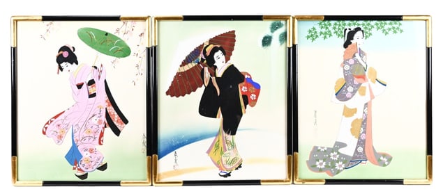Trio of Japanese Signed Watercolor on Silk Geishas