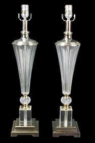 Pair Glass & Silver Tone Table Lamps