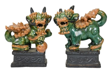 Pair Antique Chinese Porcelain Foo Lion Statues