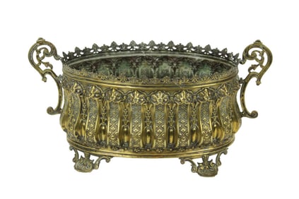 Antique French Reposse Brass Jardiniere w Handles