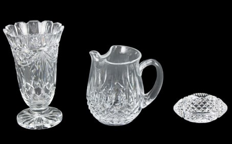 3 Waterford Crystal Table Top Items Pitcher, Vase