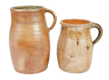 2 Antique French Primitive Pottery Cider Pitchers