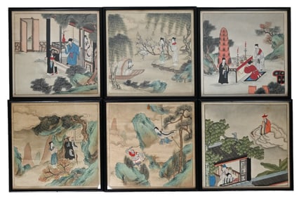 Set 6 19th C Gouache & Ink Chinese Genre Paintings