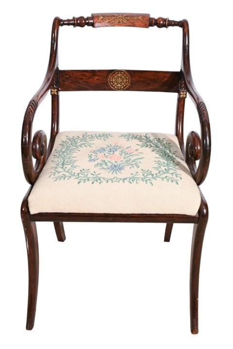 Regency Carved Needlepoint Brass Inlaid Chair: Regency Style Hand Carved Needle Point Upholstered and Brass Inlaid Side ChairMeasures 32 inches x 21 inches x 19 inches seat height 19 inches.