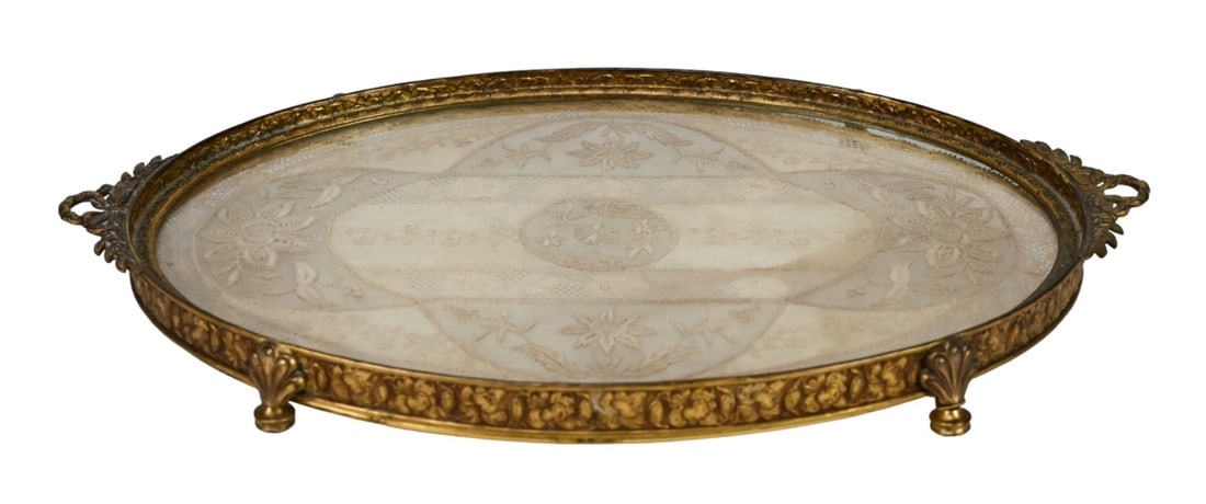 Antique Apollo Studios Vanity Tray w Lace Insert: Antique Apollo Studios Vanity Tray with Lace Insert.Measures 1 inch x 13 inches x 8 inches.