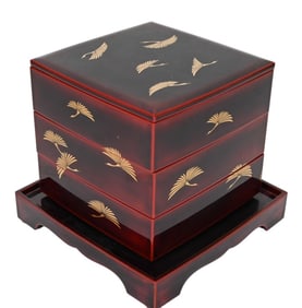 Japanese Red Lacquered & Gilt Stack Bento Box