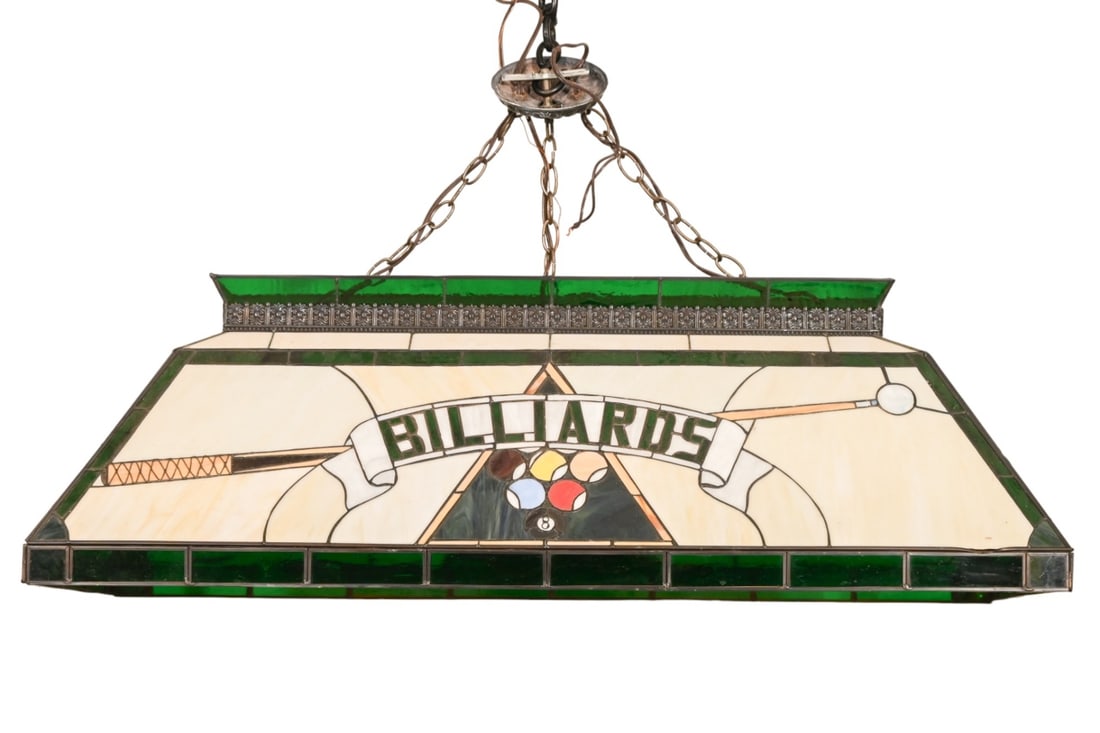 Vintage Stained Glass Billiards Pool Table Light: Vintage Stained Glass Billiards Pool Table Overhead Pendant Light. Measures16 inches x 44 inches x 18 inches.