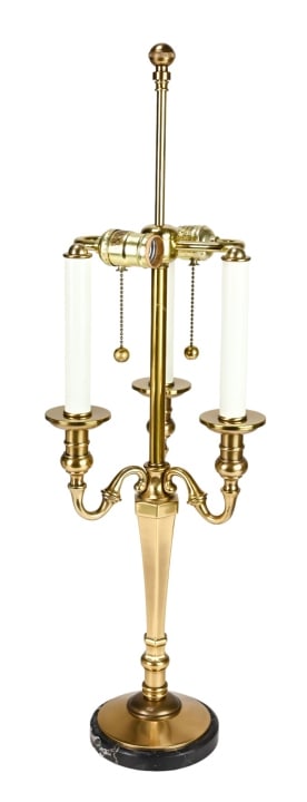 Frederick Cooper Brass & Marble Bouillotte Lamp: Frederick Cooper Brass & Marble Bouillotte Lamp. Measures 28 inches x 9 inches in diameter.