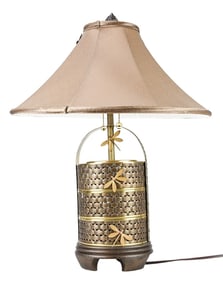 Chinoisserie Woven Tole Lamp w Dragon Fly Details