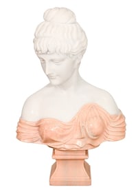 Carved 26" White & Rose Marble Bust of Roman Woman