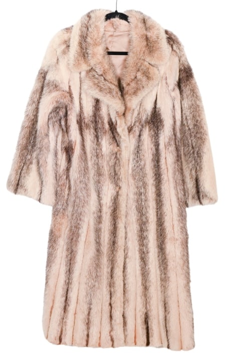 Woman's Full Length Cross Mink Coat w Buttons: Woman's Full Length Cross Mink Coat w Buttons. Measures Coat measures18 inches across the shoulders, 24 inch sleeve length and 49 inches in length. Underarm seam of the satin lining on one arm needs t