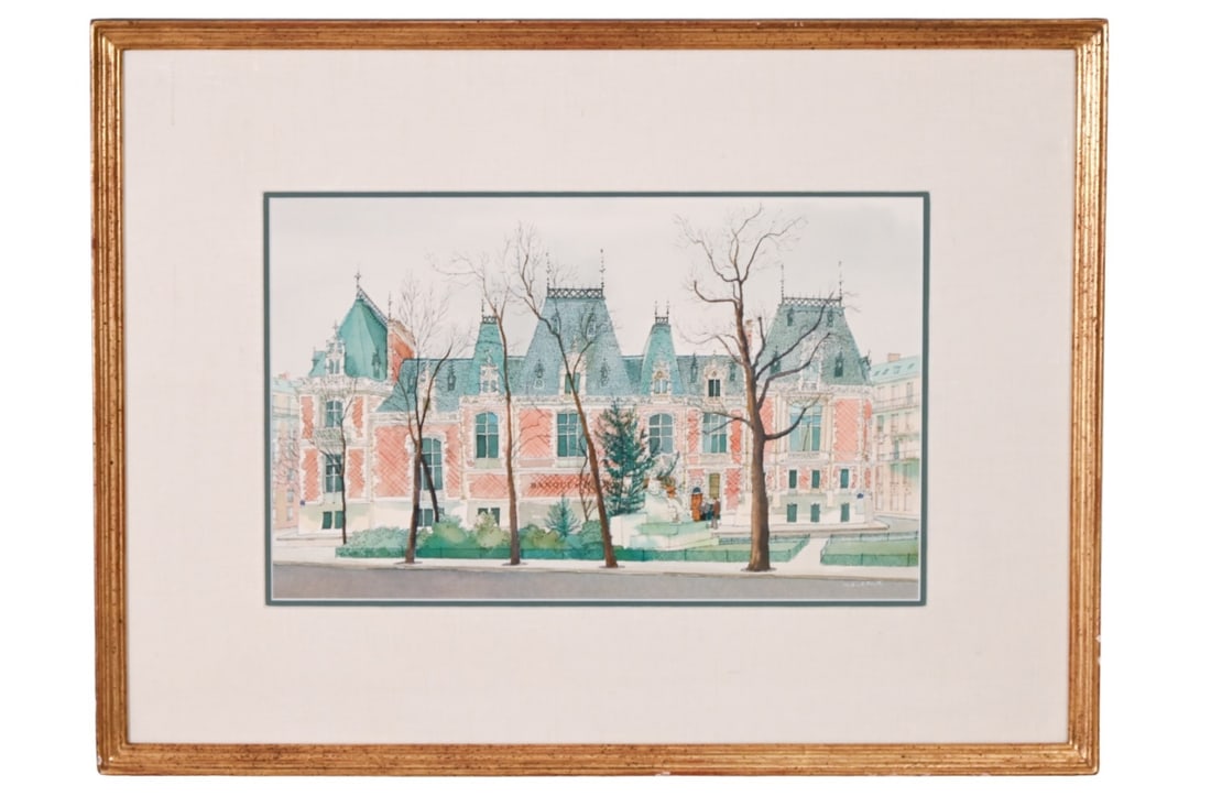 Norbert Smith Signed Watercolor City Street Scene: Norbert Smith, American 20th Century, Signed Watercolor of City Street Scene with Victorian Structure, Framed. Measures 17 inches x 23 inches, art measures 9 inches x 14 inches.
