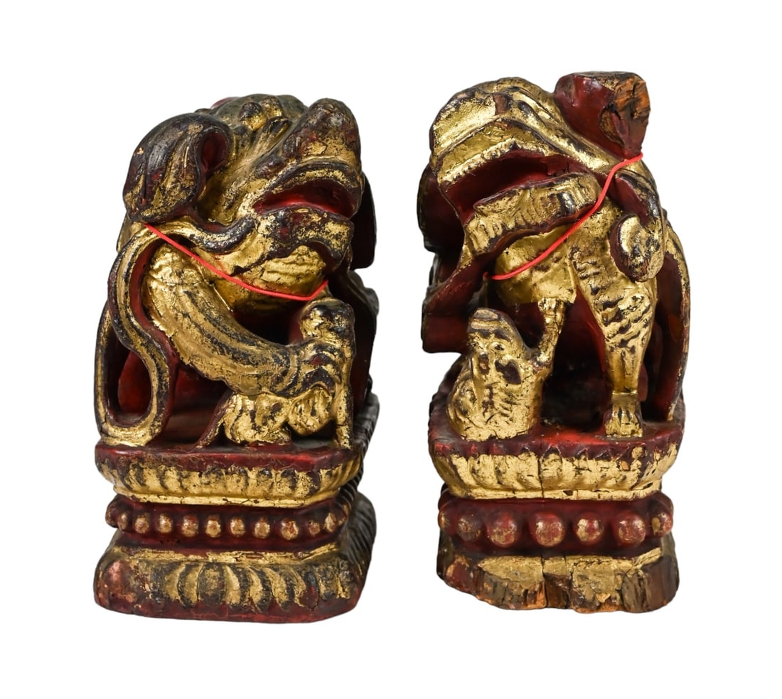 Pair Antique Chinese Carved Foo Shi Temple Dog (1 of 7)