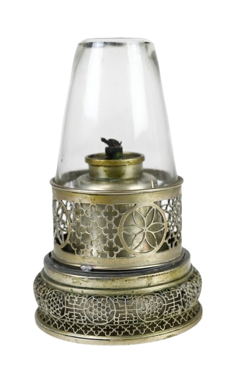 Chinese Brass Opium Lamp with Faceted Glass: Chinese Brass Opium Lamp with Faceted Glass. Measures 5 inches x 3 inches diameter.