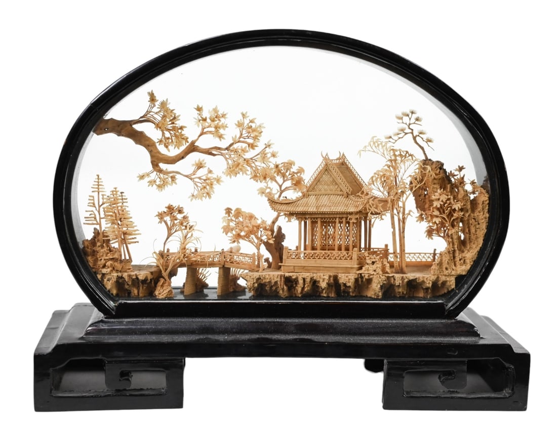 Chinese Hand Carved Cork Pagoda Diorama: Chinese Hand Carved Black Lacquer, Glass and Cork Pagoda Diorama. Measures 6 inches x 8 inches x 2.5 inches.