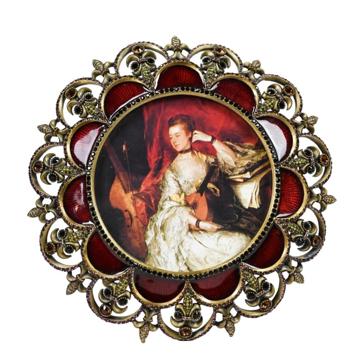 Jay Strongwater Enamel & Jeweled Picture Frame: Jay Strongwater Enamel & Jeweled Picture Frame. Measures 7 inches in diameter, with 4 Inch picture opening.