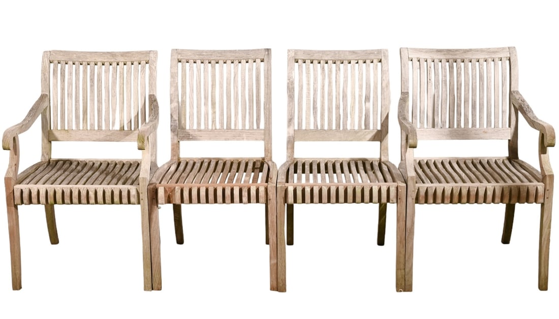 4 Smith & Hawken Teak Outdoor Armchairs: 4 Smith & Hawken Teak Outdoor Armchairs. Needs some repair.Measures 34 inches x 20 inches x 20 inches, seat height 18 inches.