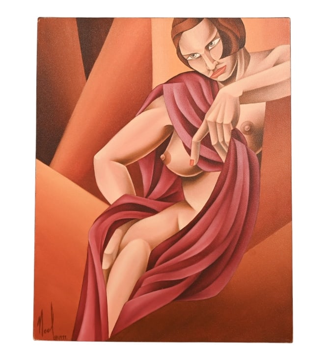 Noel Suarez Signed Oil Painting Female Nude: Noel Suarez , American/Cuban Born 1958, Signed Oil Painting on Canvas of Female Nude Titled Waiting and Dated 1999. Measures 30 inches x 24 inches.