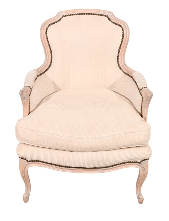 French Provincial Carved Upholstered Armchair: French Provincial Hand Carved Custom Upholstered Armchair with Nail Head Trim.Measures 35 inches x 27 inches x 24 inches x seat height 18 inches.