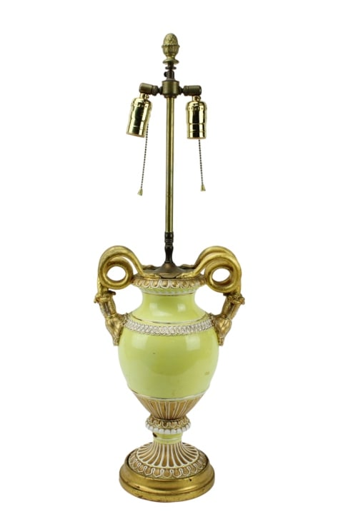 Meissen Porcelain Amphora Snake Vase Form Lamp: Antique Meissen Porcelain Amphora Snake Vase Form Lamp. Measures 30 inches x 10 inches.