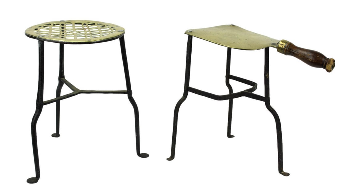 2 Antique Brass & Iron Fireplace Trivets: 2 Antique Brass & Iron Fireplace Trivets. Each measures approximately 11 inches x 11 inches.