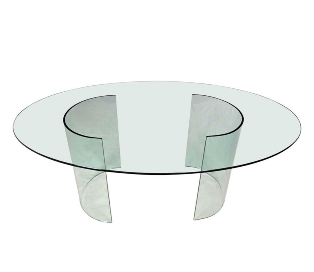 Mid Century Modern All Glass Dining Table: Mid Century Modern All Glass Dining Table. Semi circle dual pedestal bases.Measures 30 inches x 53 inches diameter.