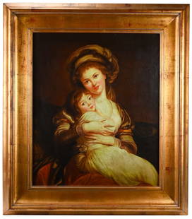 After Elizabeth Louise Vigee-Le Brun Oil Painting: After Elizabeth Louise Vigee-Le Brun Oil Painting of Mother and Child in Quality Gilt Frame. Framed measures 34 inches x 29 inches, art measures 25 inches x 19 inches.
