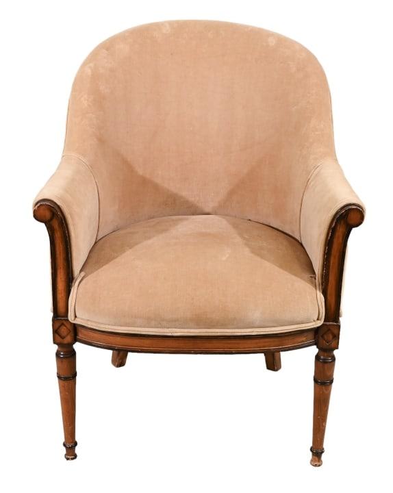 French Provincial Carved Upholstered Barrel Chair: French Provincial Hand Carved Custom Upholstered Barrel Chair by Trouvailles Inc.Measures 35 inches x 28 inches x 19 inches seat height 18 inches.
