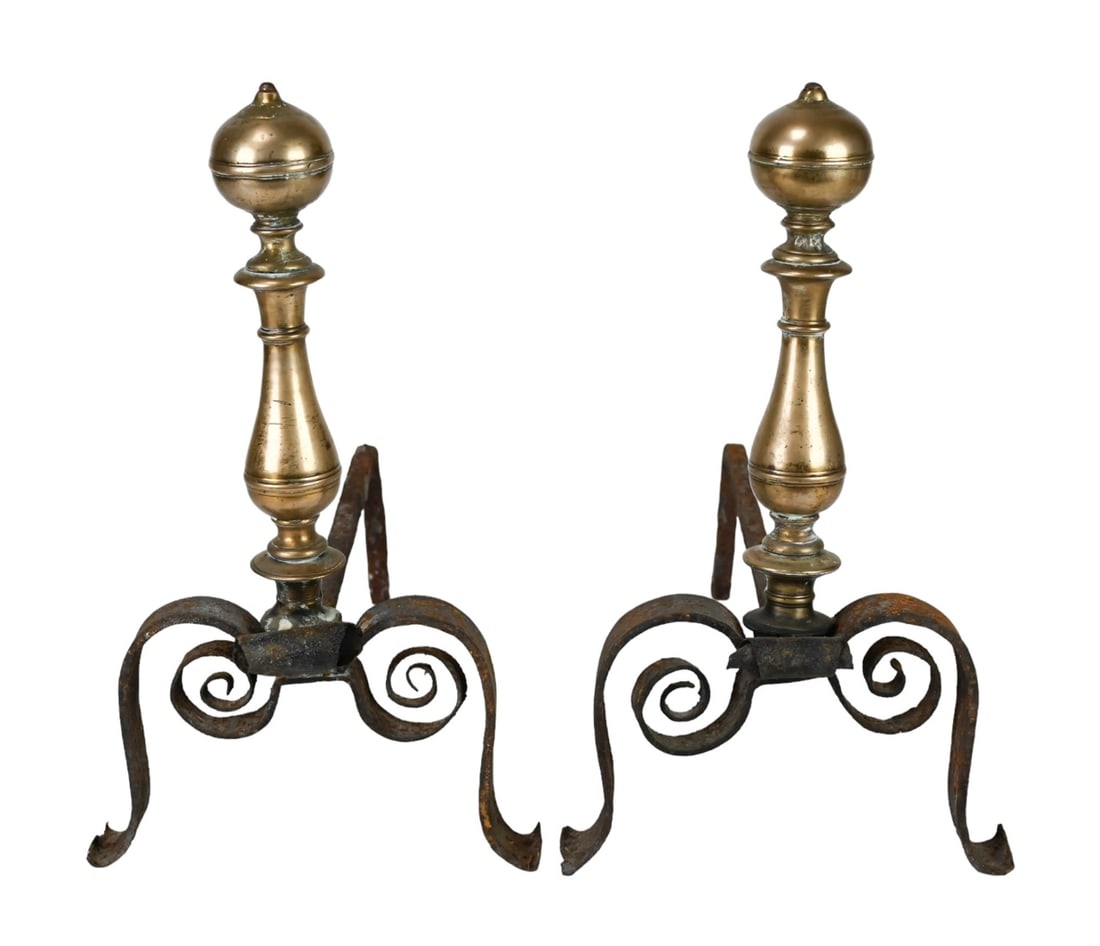 Vintage Wrought Iron & Brass Andirons: Vintage Wrought Iron & Brass Andirons. Measures 18 inches x 18 inches x 10 inches.