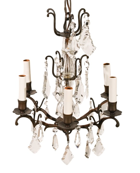 Antique Crystal & Glass Bronze Chandelier: Antique Crystal & Glass Bronze Chandelier. Measures 20 inches x 15 inches.