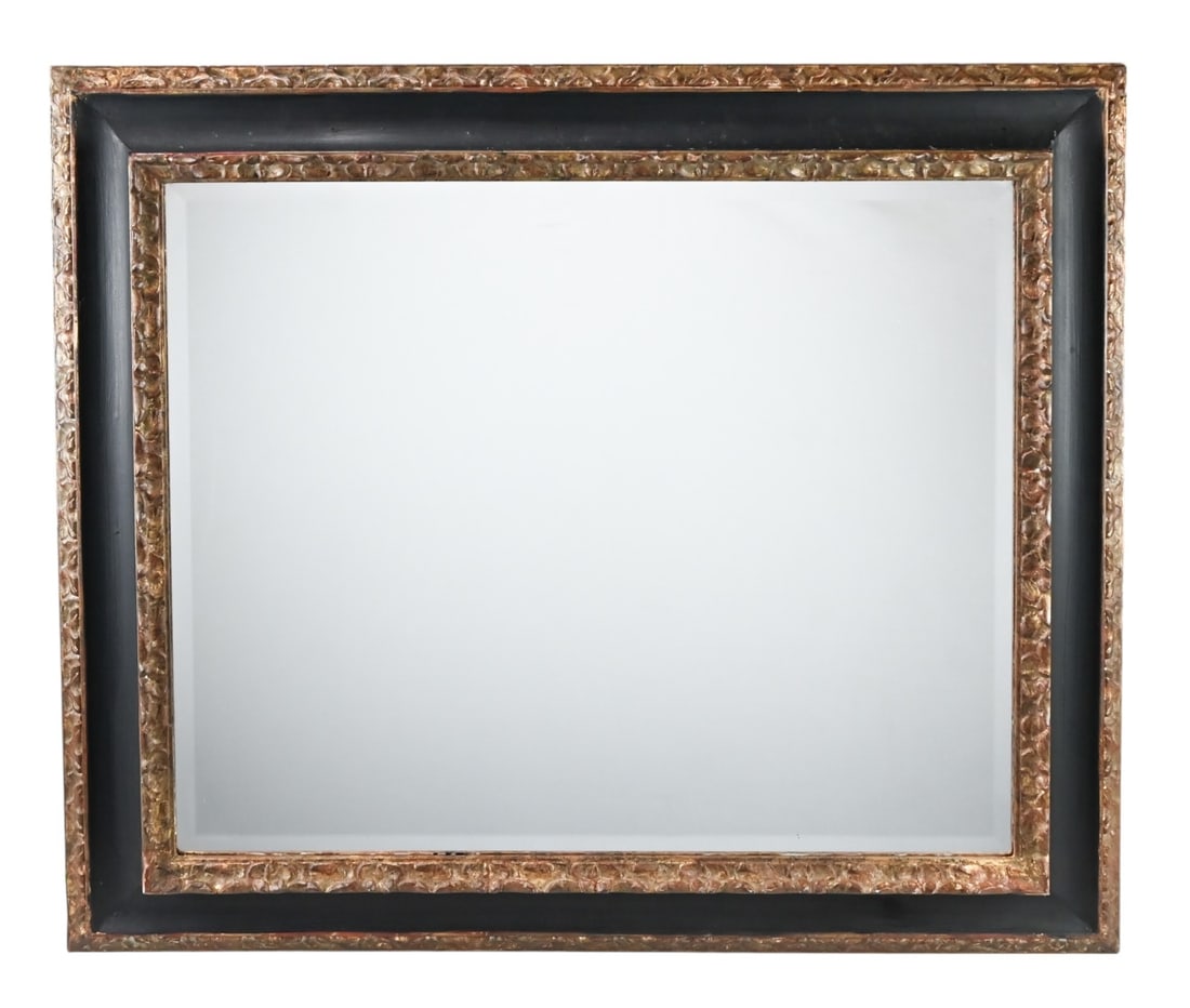 Carved Beveled Glass Black and Gilt Wall Mirror: Carved Beveled Glass Black and Gilt Wall Mirror. Measures 35 inches x 30 inches.