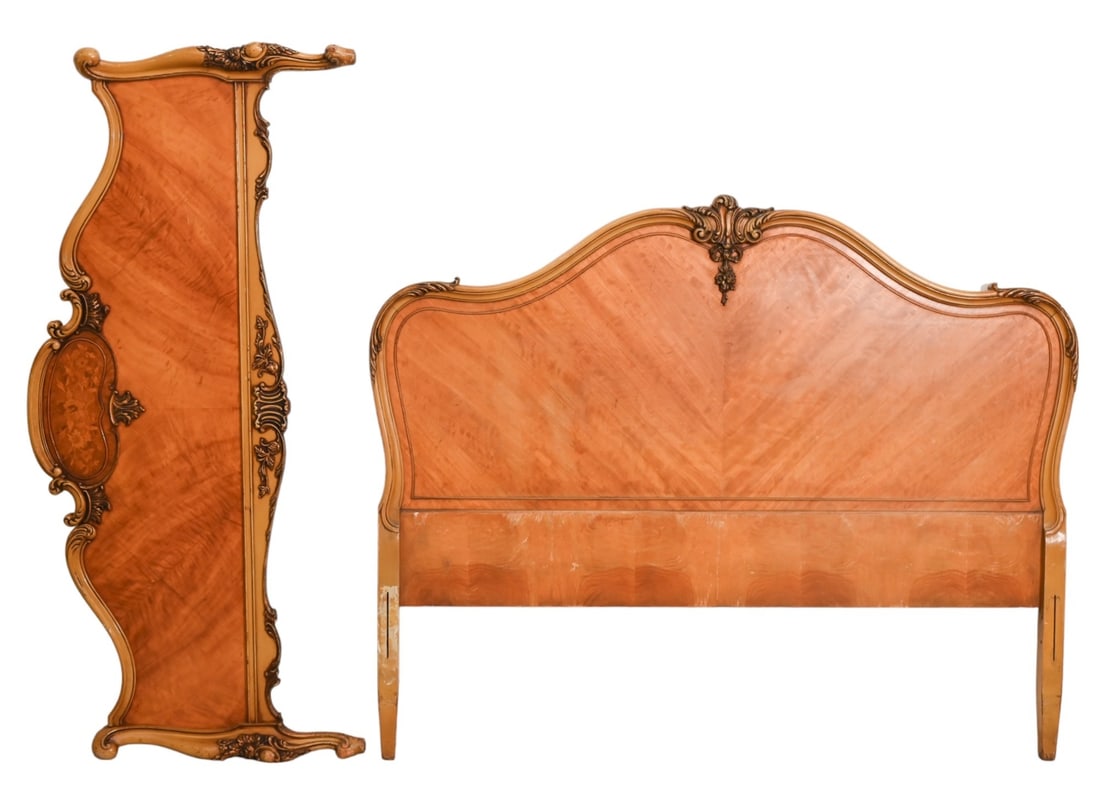 Antique Burled Walnut Veneer Twin Bed Frame: Antique Hand Carved Burled Walnut Veneer Head and Foot Twin Bed Frame.Measures 47 inches x 57 inches.