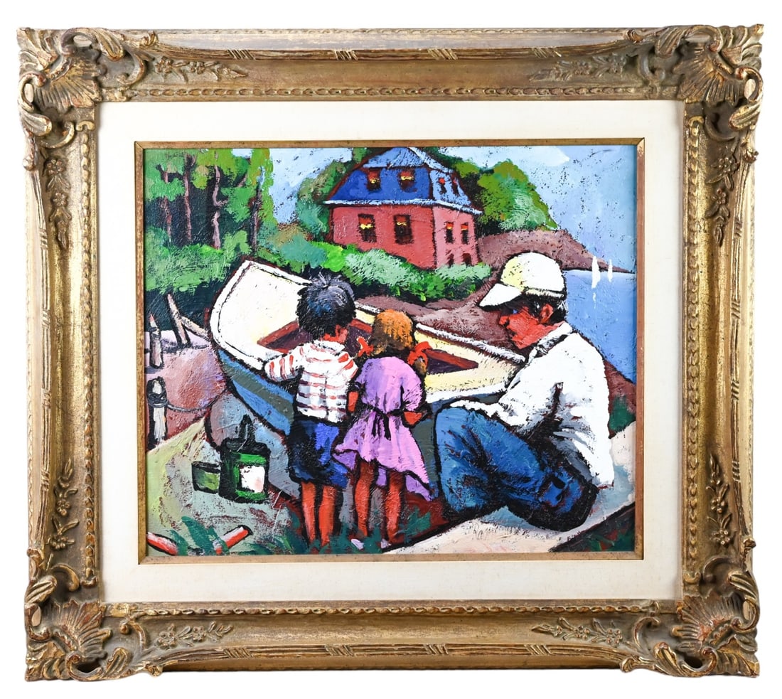 Signed Puerto Rico Oil Painting Fishing Boat Scene: Signed Puerto Rico Oil Painting of Fishing Boat Scene, Man and Children in Carved Gilt Frame. Framed measures 31 inches x 35 inches, art measures 20 inches x 24 inches.