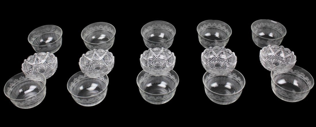 Collection Etched & Brilliant Cut Glass Bowls: Collection Etched & Brilliant Cut Glass Finger Bowls. Measure approximately 2 inches x 4 inches.