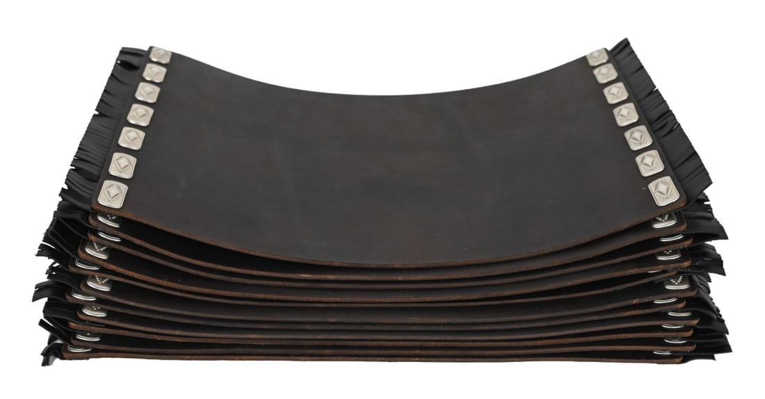 Hand Made Concho Style Quality Leather Placemats: 11 Hand Made Concho Style Quality Leather Placemats with Silver Tone Concho Detail and Leather Fringe. Each measures 12 inches x 20 inches.