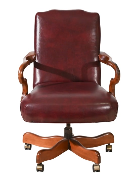Regency Style Carved Cherry Burgundy Leather Chair: Regency Style Carved Cherry Burgundy Leather Office Chair.Measures 38 inches x 25 inches x 26 inches, seat height 19 inches.