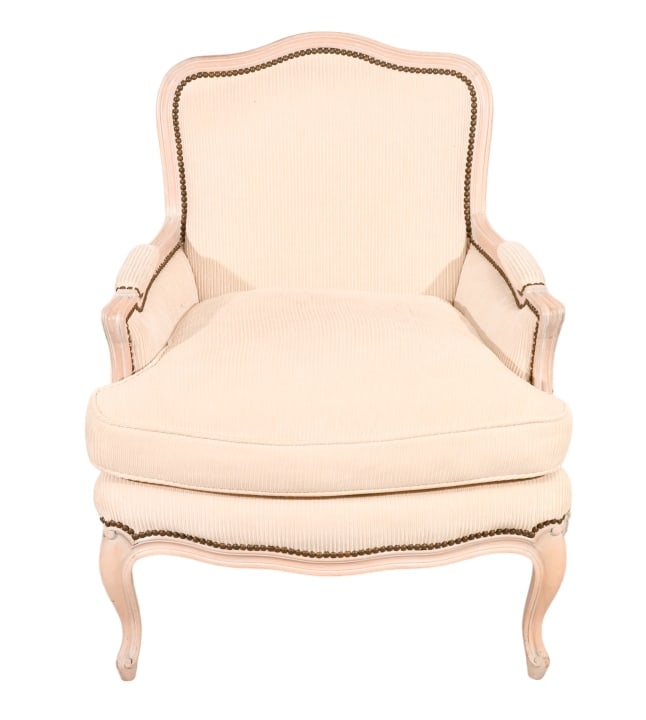 French Provincial Carved Upholstered Armchair: French Provincial Hand Carved CustomUpholstered Armchair with Nail Head Trim.Measures 33 inches x 27 inches x 24 inches seat height 18 inches.