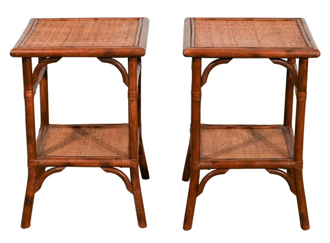 Pair Bombay Two Tier Rattan and Bamboo Side Tables (1 of 9)